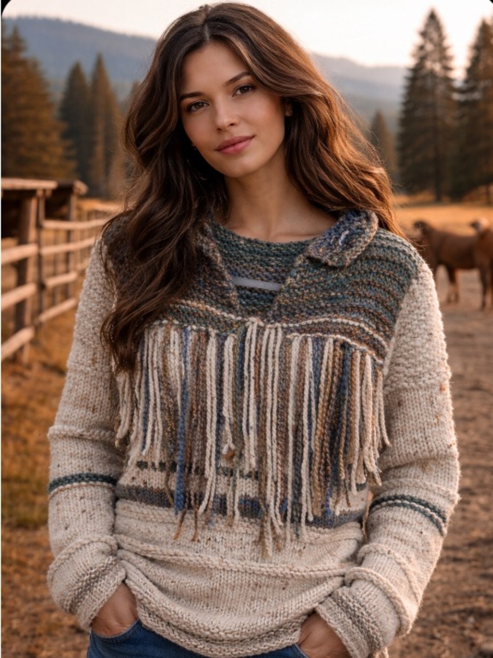 Hand Knit Wool Blend Boho Chunky Fringe Knit Sweater in Cream and Multicolor